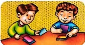 Ilustración de dos niños observando tarjetas de jugadores de fútbol.
