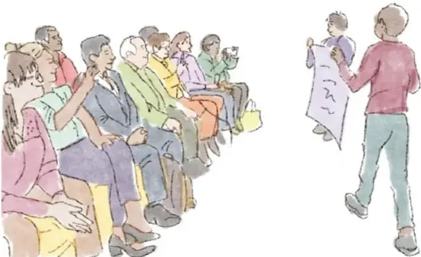 Ilustración de un grupo de personas sentadas en filas (audiencia) mientras un hombre de espaldas sostiene un papel o cartel, representando una exposición o asamblea comunitaria. Crédito: Mariana Haide Calderón Cifuentes, Ciudad de México.