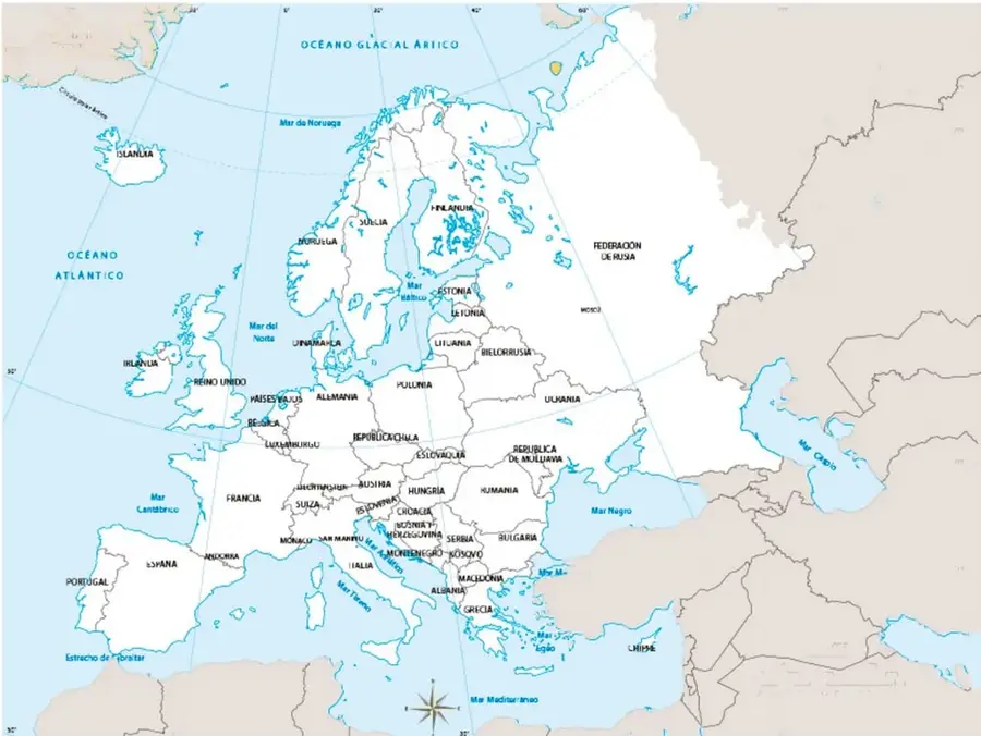 Mapa político de Europa, el norte de África y el Medio Oriente. Los países de Europa están coloreados en blanco y los no coloreados en gris. Se señalan océanos, mares y algunos países.