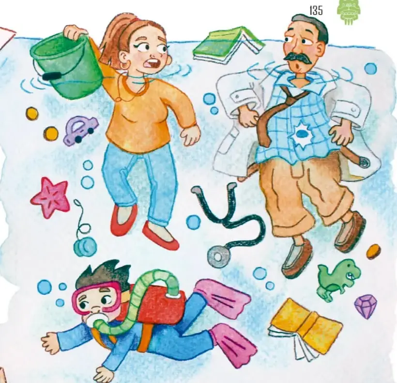 Escena imaginaria: Simón con traje de buzo, visor y aletas nada entre objetos flotantes como libros, estrella de mar, estetoscopio, dinosaurio de juguete y cubeta verde.