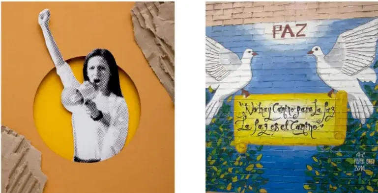 Obra artística: recorte de figura humana con brazo levantado sobre fondo naranja y amarillo, dentro de un círculo.