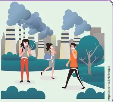 Ilustración de personas caminando con mascarillas frente a una ciudad industrial.