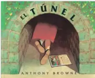 Portada del libro "El túnel" de Anthony Browne: se ve un túnel oscuro y una figura con capucha roja.