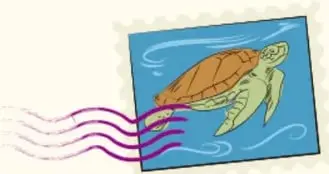 Ilustración de una tortuga marina nadando dentro de un marco con forma de estampilla postal, con líneas de movimiento moradas.