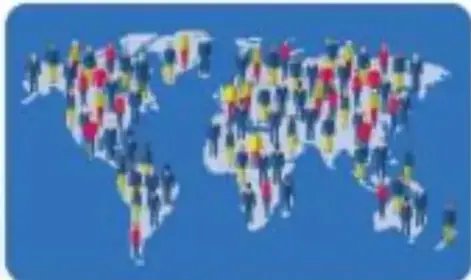 Mapa ilustrado de la población mundial, con personas representadas sobre los continentes.