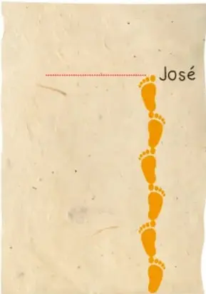 Papel con huellas de pies en zigzag y una línea roja con la etiqueta “José”, mostrando cómo se cuenta la estatura en pasos.