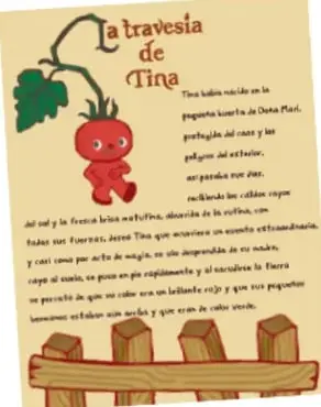 Cartel del cuento 'La travesía de Tina', con un jitomate personaje y una cerca de madera.