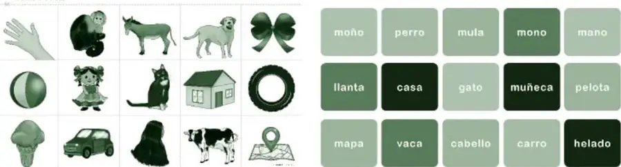 Plancha 'Adivina' con quince tarjetas recortables en tres filas de cinco: fila 1 (mano, mono, mula, perro, moño), fila 2 (pelota, muñeca, gato, casa, llanta) y fila 3 (helado, carro, cabello, vaca, mapa); junto a cada imagen aparece su nombre impreso en un mosaico de color, en orden invertido por corresponder al reverso de la tarjeta.