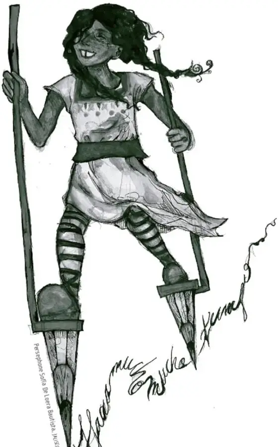 Ilustración en tonos verdes y grises de una niña sonriente caminando sobre dos zancos de madera, con una vara larga en cada mano. Viste blusa clara con puntos, falda, cinturón oscuro y medias rayadas. Al pie de la imagen hay una firma manuscrita y el crédito "Pepéphine Siffa de Laura Bautista, 2018".