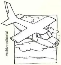 Tres dibujos representan un avión, un camión cargado y un barco.