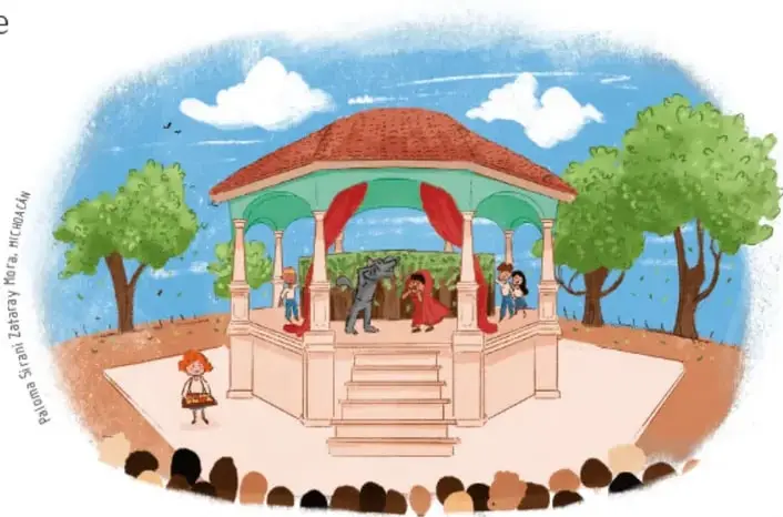 Ilustración de un kiosco o templete de plaza con niños representando una obra, cortinas rojas y público alrededor; al pie, crédito «Paquita Sanchiz · Marta M. Feliu».