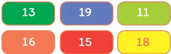 Seis tarjetas de colores con los números 13, 19, 11, 16, 15 y 18.