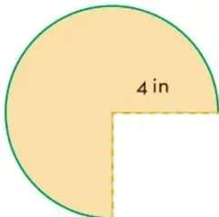 Círculo de radio 4 in con un cuadrante recortado, mostrando el arco exterior de interés.