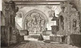 Ilustración de la Catedral de Quito realizada por Theron en 1867. El pie de imagen indica que la Iglesia era una institución de poder político y económico y que administraba alrededor de 86 propiedades agrícolas en la Sierra hasta inicios del siglo XX.