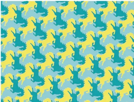 Mosaico con siluetas de caballos en colores amarillo, verde y azul, ejemplo de teselado por rotación.
