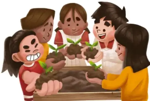 Cuatro niños y niñas sonríen mientras sostienen pequeños plantines con tierra, listos para sembrarlos. Crédito: Mayra Gisela Pedroza Díaz, Aguascalientes.
