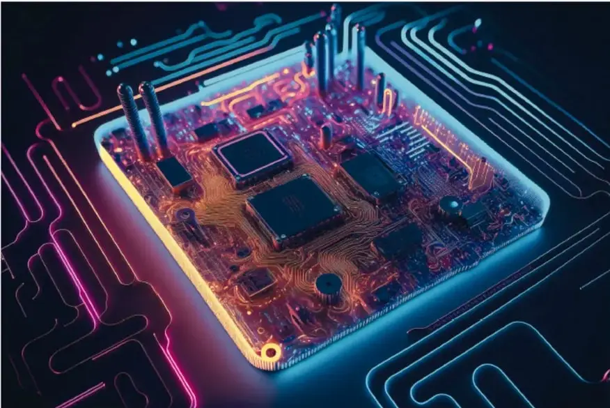 Ilustración de un circuito electrónico iluminado con luces de colores (rosa, azul y naranja) que representa la tecnología.