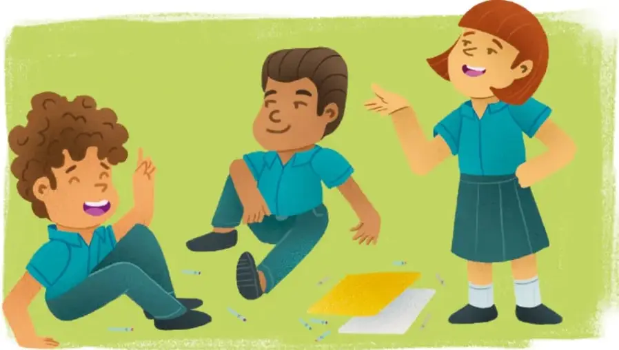 Ilustración de tres estudiantes sentados en el suelo sobre un fondo verde. Dos de ellos dialogan y una estudiante de pie levanta la mano para participar. Hay hojas de papel y lápices de colores dispersos, lo que sugiere una actividad creativa en equipo.