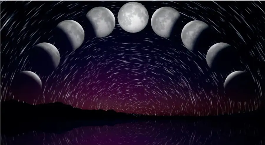 Composición fotográfica que muestra la secuencia de fases lunares en arco sobre un cielo estrellado con trazos de estrellas y un paisaje oscuro.