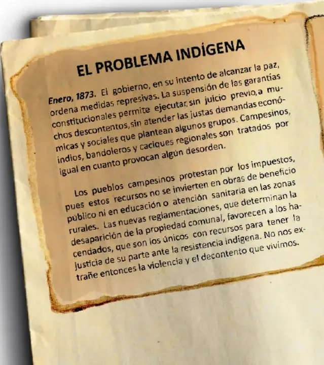 Recorte de periódico antiguo titulado 'EL PROBLEMA INDÍGENA' con fecha enero de 1873, que describe medidas represivas del gobierno y protestas campesinas.