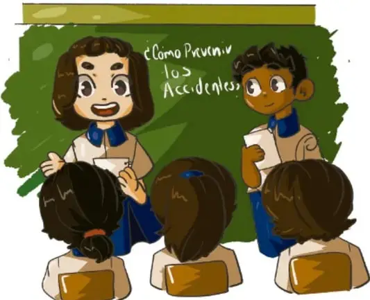 Ilustración de una maestra frente a un pizarrón verde con la frase «Cómo prevenir los Accidentes», dialogando con cuatro estudiantes sentados de espaldas.