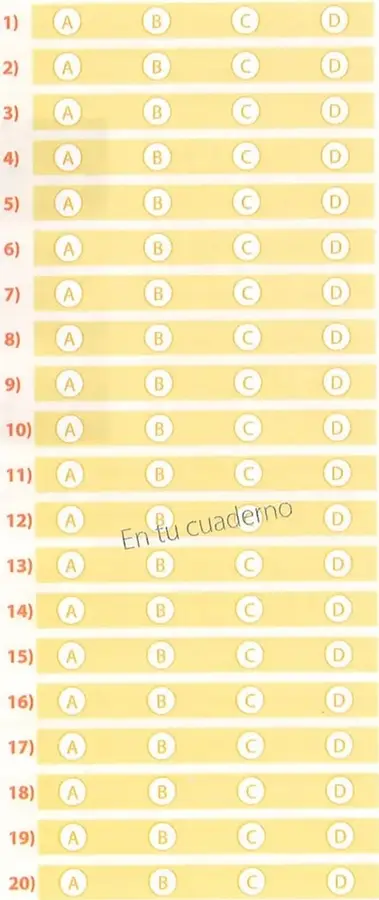 Hoja de respuestas con instrucciones para pintar completamente los círculos de las opciones seleccionadas.