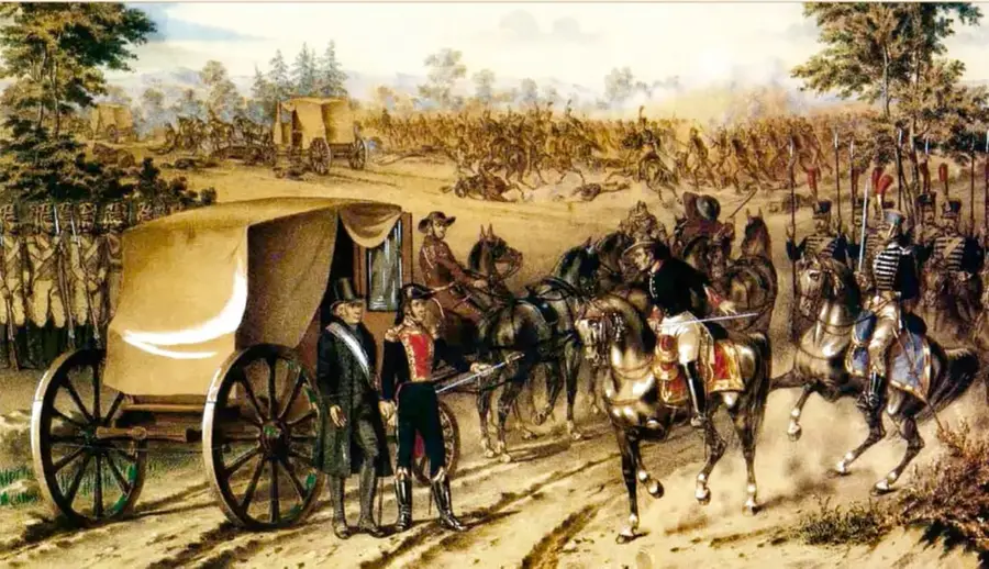 Litografía coloreada de ca. 1845-1850 (Julio Michaud y Thomas) que muestra la captura de Hidalgo, Allende y otros insurgentes por el capitán Ignacio Elizondo en Acatita de Baján, Coahuila, el 21 de marzo de 1811: se ven jinetes realistas, un carruaje y prisioneros escoltados en un paisaje abierto.