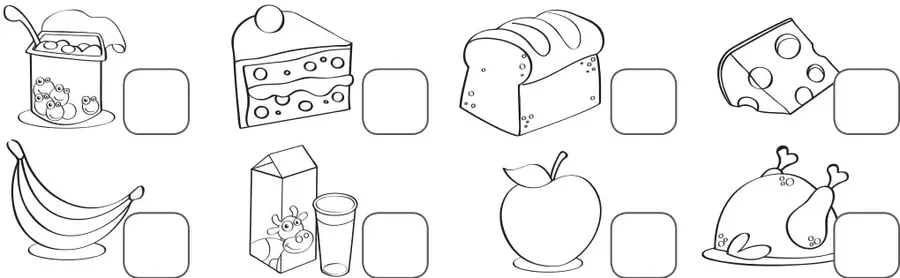 Ocho alimentos para numerar: yogur con frutas, pastel, pan de molde, queso, plátanos, jugo de caja con vaso, manzana y pollo asado.