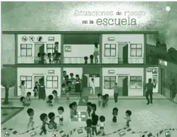Miniatura de la portada del recurso 'Situaciones de riesgo en la escuela': vista de un edificio escolar de dos niveles con niños y niñas en el patio, donde se observan señales y medidas de seguridad.