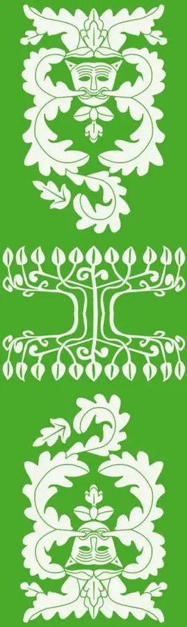 Ilustraciones ornamentales en blanco sobre fondo verde: dos motivos vegetales con máscaras estilizadas (una arriba y otra abajo) y un árbol estilizado con raíces en el centro, de estilo ornamental o heráldico.