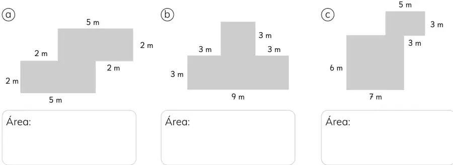 Tres figuras compuestas etiquetadas a, b, c con sus medidas.