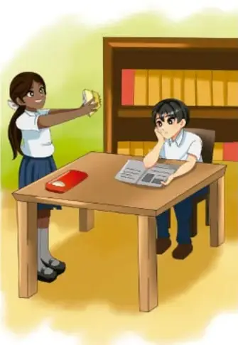 Ilustración de dos estudiantes en una biblioteca: una niña de pie sostiene un libro y un niño sentado lee el periódico sobre una mesa.