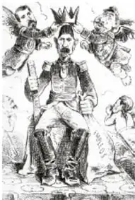 Caricatura o grabado antiguo que muestra a Porfirio Díaz sentado, rodeado de figuras que lo rodean, en un estilo de prensa de la época.