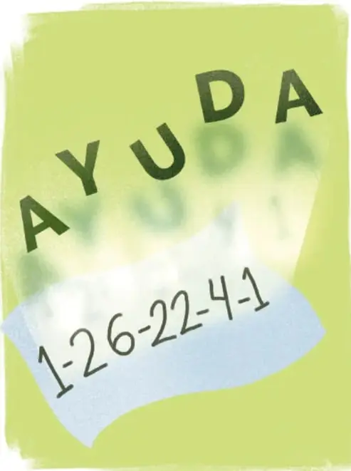 Nota verde con la palabra AYUDA en letras grandes y, sobre un papel blanco, los números 1-26-22-4-1 escritos a mano: ejemplo de cifrado por números.