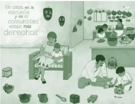 Ilustración en verde titulada 'En casa, en la escuela y en mi comunidad están mis derechos': una sala familiar donde una mujer lee con una niña, una persona prepara alimentos y un hombre juega con un niño en el piso entre juguetes; hay máscaras y objetos del hogar en las paredes.