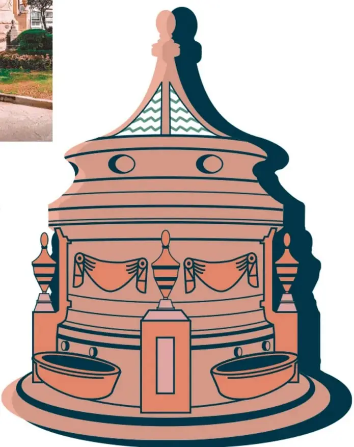 Ilustración estilizada en tonos salmon y azul oscuro de la Caja del Agua: estructura circular con techito cónico, guirnaldas decorativas, contenedores y pilones de agua en la base, con un doble contorno como recorte.