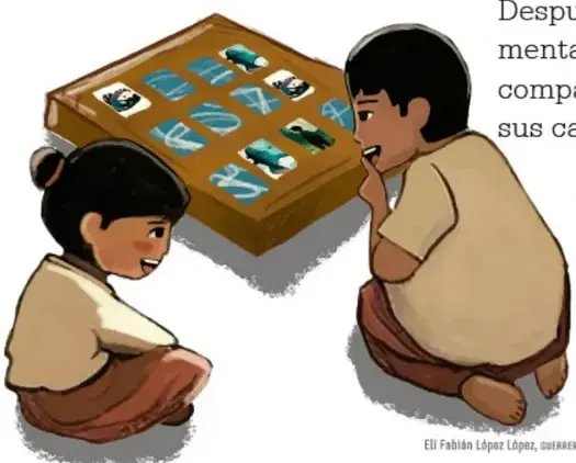 Ilustración de dos niños jugando un juego de mesa sobre una caja, observando las fichas con atención.