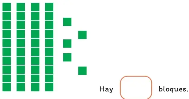 Cuatro barras verticales de color verde, cada una formada por 10 cuadrados pequeños, que representan 4 decenas.