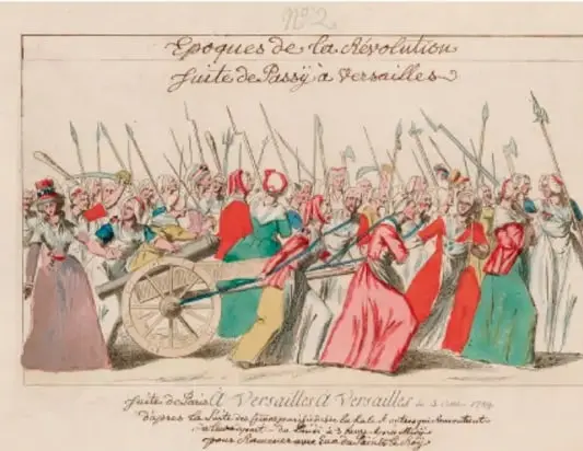 Grabado titulado 'Époques de la Révolution: Suite de Passy à Versailles', que representa la marcha de las mujeres a Versalles en 1789.