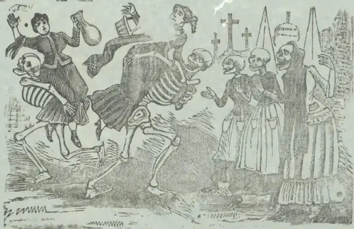 Grabado en blanco y negro con esqueletos danzando, uno toca un instrumento y otros llevan sombreros y vestimenta de la época.