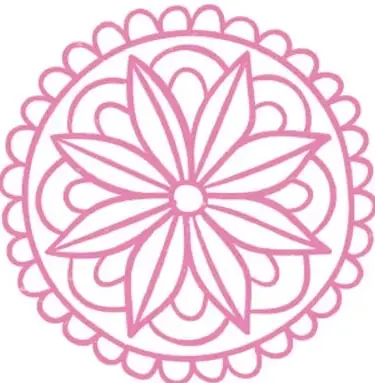Rosetón o flor de pétalos con borde festoneado, dibujado con líneas rosas, figura simétrica respecto a varios ejes que pasan por su centro.