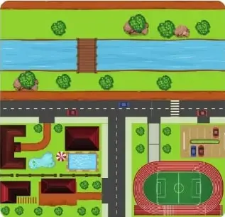 Ilustración de un barrio con una cafetería, escuela, parque, árboles, calles curvas, viviendas y una glorieta.