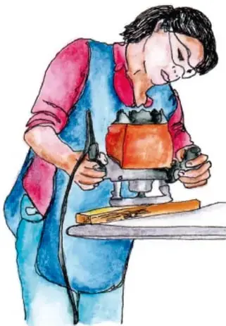 Ilustración de una persona con mandil azul usando una herramienta eléctrica (tupi o fresadora) sobre un pedazo de madera.
