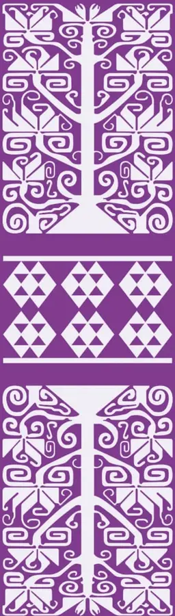 Patrón decorativo prehispánico en morado y blanco con un árbol estilizado y espirales simétricas.
