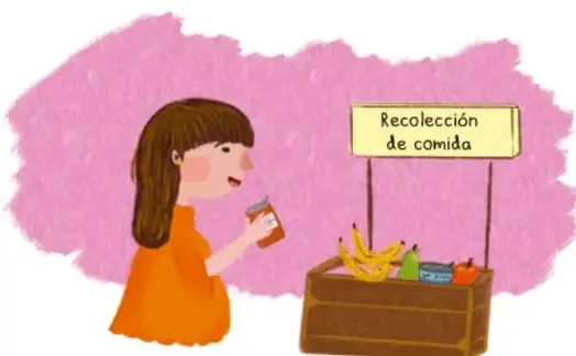 Ilustración de una niña junto a un cajón con frutas y un cartel que dice 'Recolección de comida' sobre fondo rosa; ilustración de Ana María Hernández Hernández, Ciudad de México.