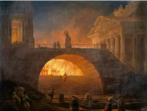 Reproducción de la pintura 'El Incendio de Roma' de Hubert Robert, que muestra un incendio nocturno bajo un arco de ruinas clásicas con figuras humanas.