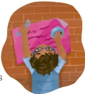 Ilustración de un niño pegando un cartel en la pared, en referencia a la elaboración del Cartel de autoridades comunitarias.