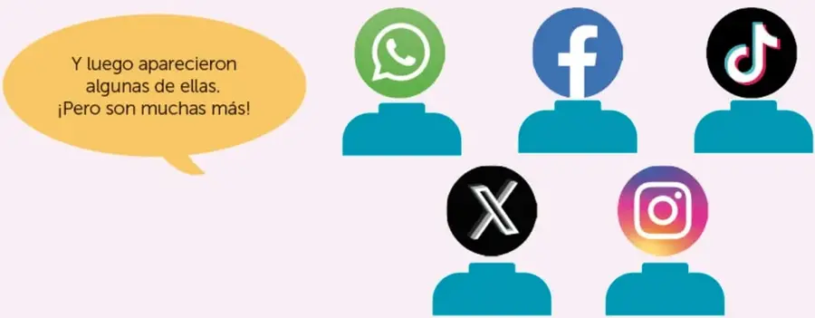 Personajes con íconos de WhatsApp, Facebook, TikTok, X e Instagram y globo de diálogo.