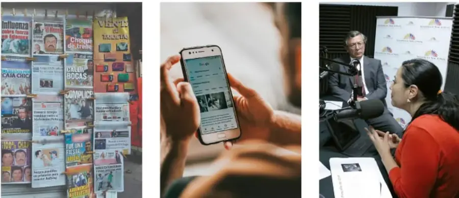 Izquierda: puesto callejero de revistas y periódicos. Centro: manos sosteniendo un celular que muestra una red social con noticias. Derecha: entrevista en un estudio con micrófonos entre un hombre y una mujer.