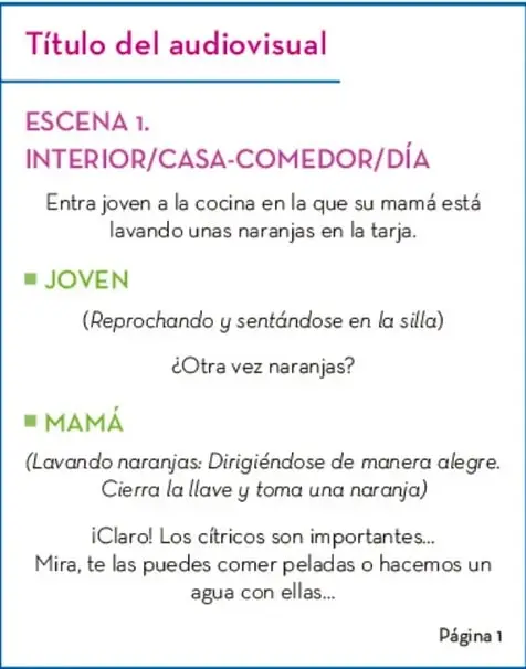 Caja azul con un ejemplo de guion literario: título del audiovisual, ESCENA 1 INTERIOR/CASA-COMEDOR/DÍA, descripción de la escena, personajes JOVEN y MAMÁ con sus acotaciones y diálogos, y el número Página 1.